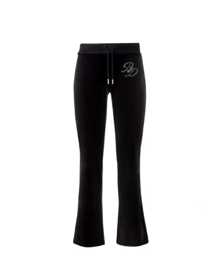 DETAILS Black velour track pant Low-rise flare silhouette Elastic waistband Black drawcords Silver metal eyelets and drawcord tips Rhinestone BD monogram at left hip Soft-touch velour fabric Designed to pair with the matching Velour Zip Jacket FABRIC & CARE Premium stretch velour fabric Soft hand feel Cold wash inside out Hang dry recommended Do not iron directly on embellishments Do not tumble dry SIZE & FIT True to size Fitted through hips and thighs Relaxed flare leg opening We recommend ordering your normal size Size up for a cozier fit
