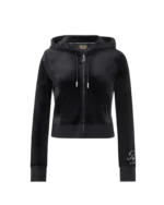 DETAILS Black velour zip-up jacket Sits just above the waistline Rhinestone script Bottega logo across back Rhinestone BD monogram at sleeve cuff Front zip closure Soft-touch velour fabric Positive affirmations printed inside collar Designed to pair with the matching Velour Track Pant FABRIC & CARE Premium stretch velour fabric Soft hand feel Cold wash inside out Hang dry recommended Do not iron directly on embellishments Do not tumble dry SIZE & FIT True to size Slight cropped, fitted silhouette We recommend ordering your normal size Size up for a cozier fit