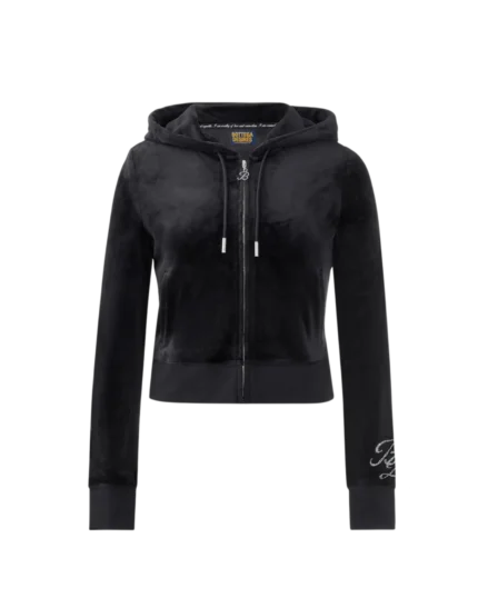 DETAILS Black velour zip-up jacket Sits just above the waistline Rhinestone script Bottega logo across back Rhinestone BD monogram at sleeve cuff Front zip closure Soft-touch velour fabric Positive affirmations printed inside collar Designed to pair with the matching Velour Track Pant FABRIC & CARE Premium stretch velour fabric Soft hand feel Cold wash inside out Hang dry recommended Do not iron directly on embellishments Do not tumble dry SIZE & FIT True to size Slight cropped, fitted silhouette We recommend ordering your normal size Size up for a cozier fit